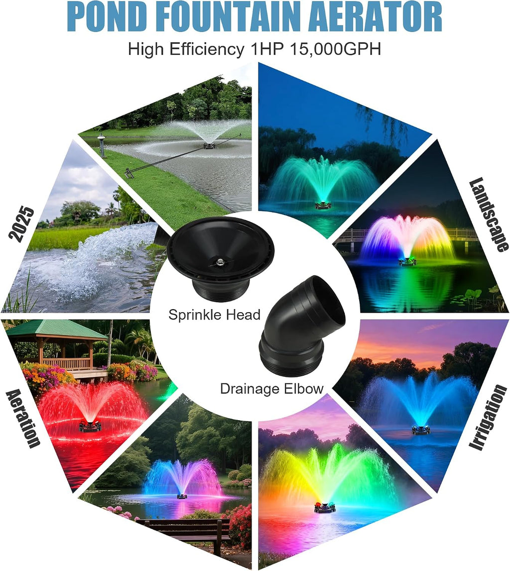 Goldlife Pond Fountain Aerator, F3 With 4 RGB Lights, 1HP 750W 110V Stainless Steel Floating Fountain With 100FT Power Cord Black Octagon Aerating Fountain Pump for Small Large Pond Lake Pool FishFarm