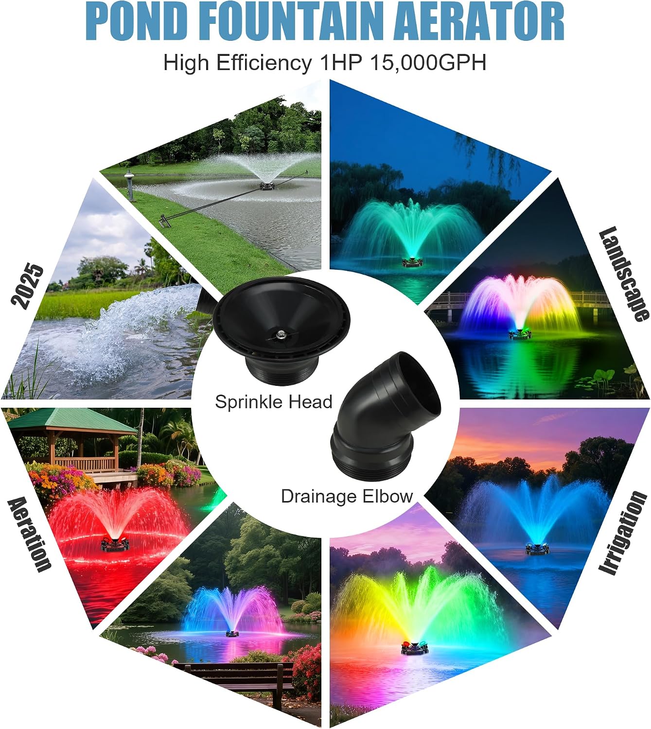 Goldlife Pond Fountain Aerator, F3 With 4 RGB Lights, 1HP 750W 110V Stainless Steel Floating Fountain With 100FT Power Cord Black Octagon Aerating Fountain Pump for Small Large Pond Lake Pool FishFarm
