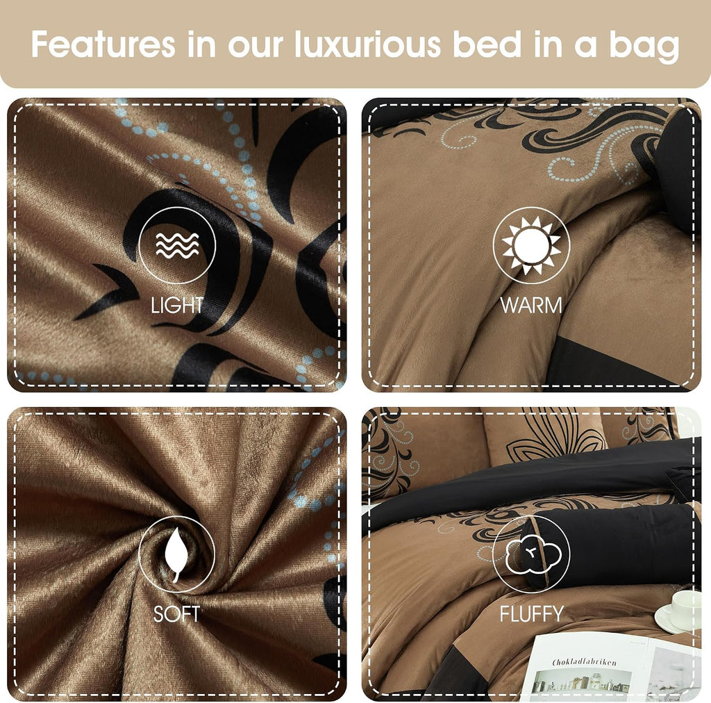 Grand Avenue Brown Floacking & Taffeta Comforter Set Full Size, 7 Pieces Bedding Set, All Season Cozy Comforter, Bedskirt, Pillows & Shams