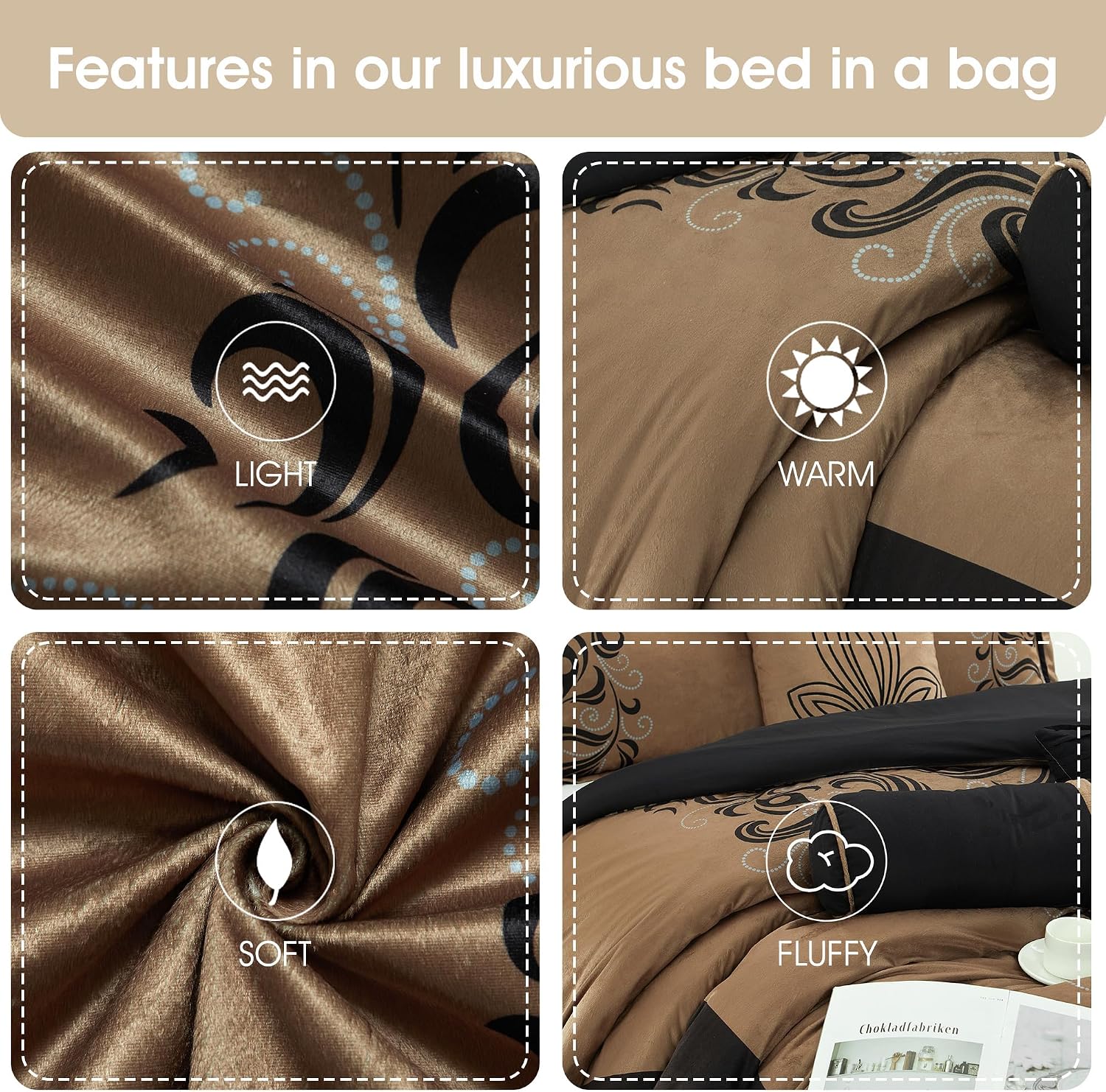 Grand Avenue Brown Floacking & Taffeta Comforter Set Full Size, 7 Pieces Bedding Set, All Season Cozy Comforter, Bedskirt, Pillows & Shams