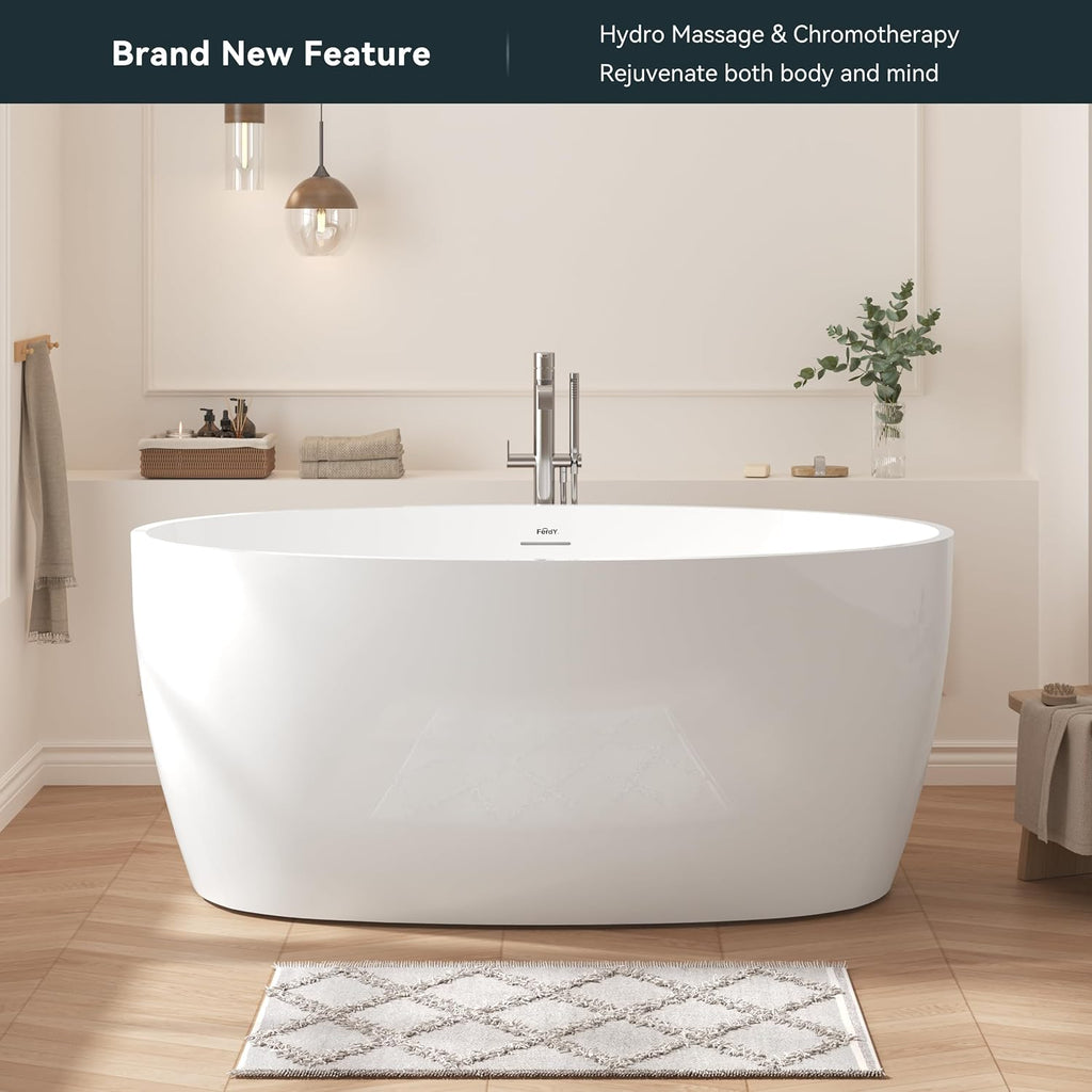 FerdY Tahiti 55 Inch Acrylic Freestanding Whirlpool Bathtub, Oval with 8 Air Water SPA Jets, Morden White Stand Alone Jetted Tub, Luxury Acrylic Free Stand Deep Soaking Bath Tub with LED Light