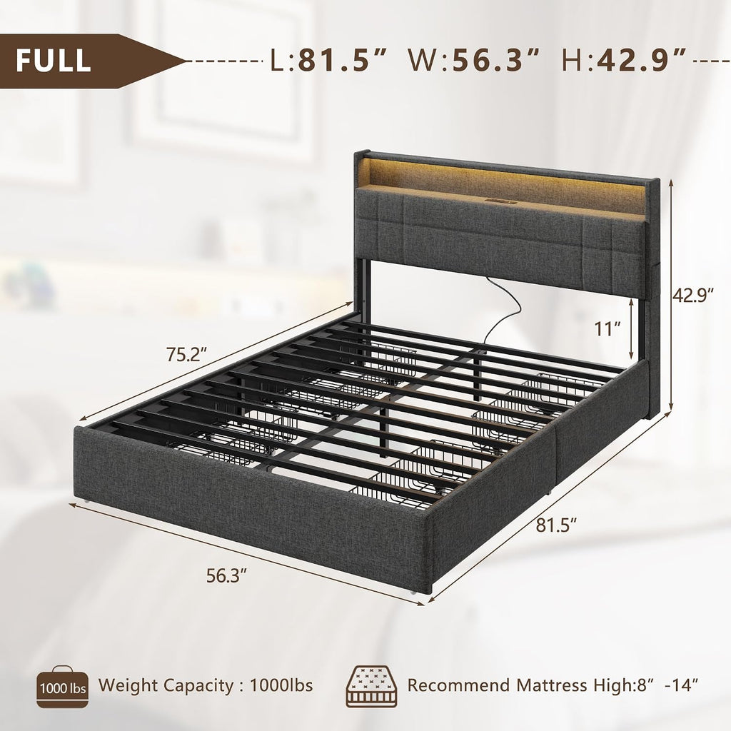 Forestell Full Size Bed Frame with 4 Drawers and Storage Headboard, Grey Upholstered Platform Bed Frame Full Size with Charging Station and LED Lights, Metal Slats Support, No Box Spring Needed