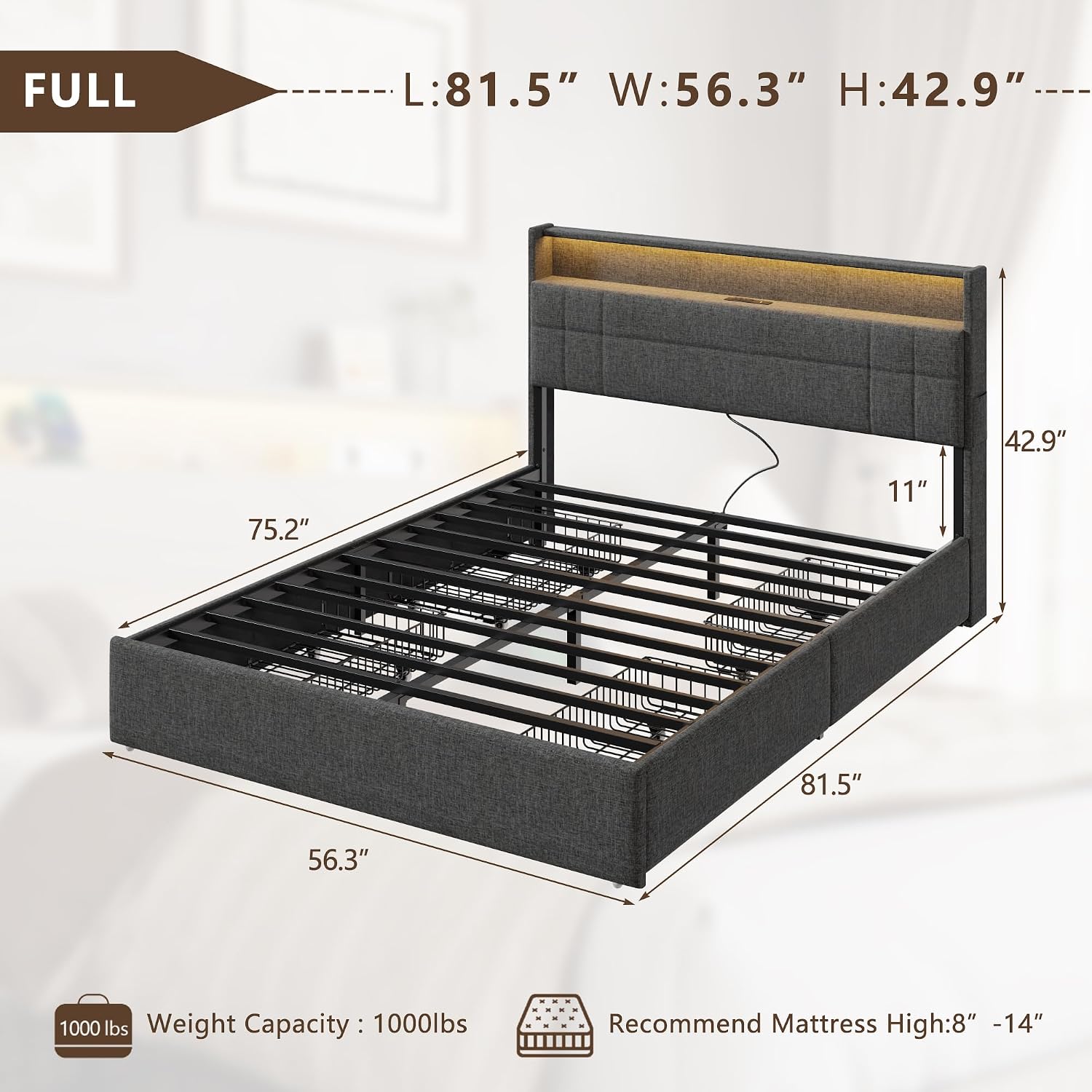 Forestell Full Size Bed Frame with 4 Drawers and Storage Headboard, Grey Upholstered Platform Bed Frame Full Size with Charging Station and LED Lights, Metal Slats Support, No Box Spring Needed