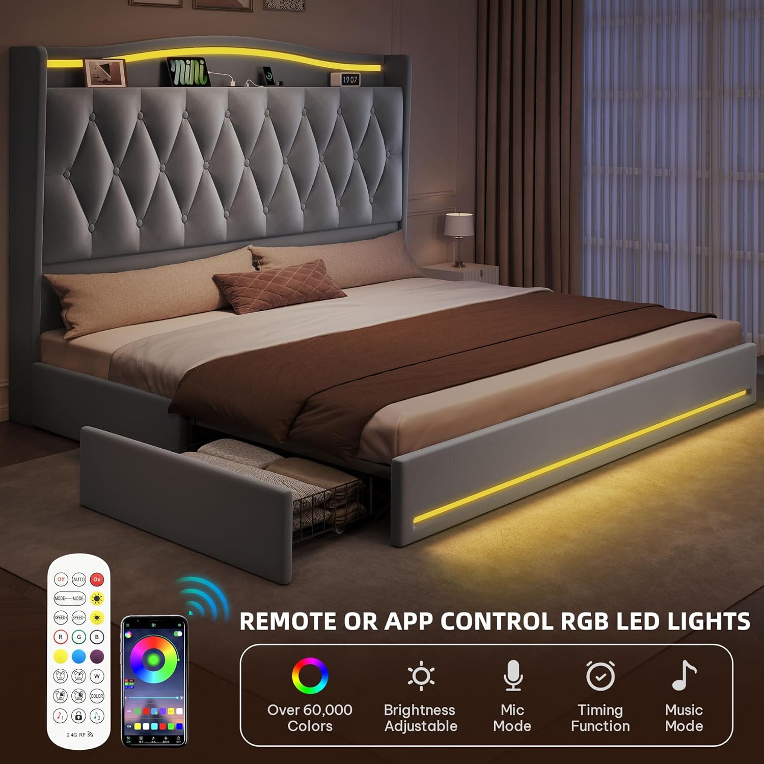YITAHOME King Size Bed Frame with 4 Storage Drawers and RGB LED Lights, 57'' Tall Headboard Velvet Upholstered Bed with Charging Station, No Box Spring Needed, Easy Assembly, Noise-Free, Grey