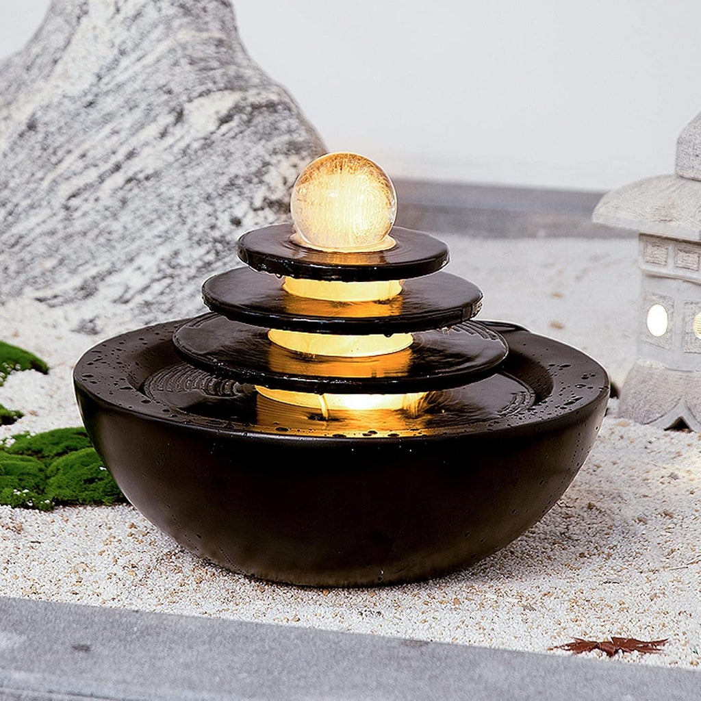 HIHELO Desktop Fountain Indoor Tabletop Fountain Waterfall Home Decor Relaxation Fountain 3 Tier Disc and Round Basin with LED Light Roller Ball Water Fountain Outdoor (Color : D)