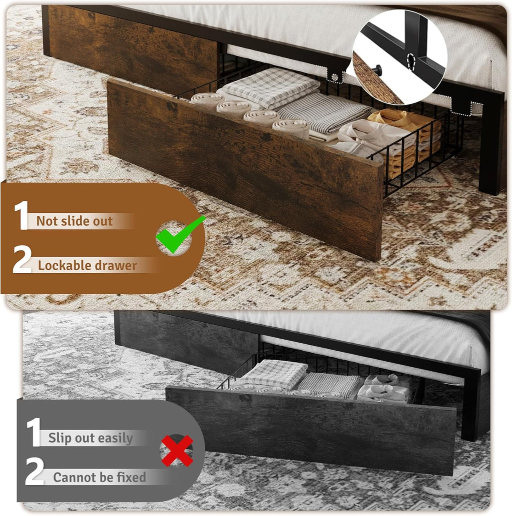 Belffin King Bed Frame with 6 Storage Drawers and Carving Headboard, Wooden Bed Frame with Charging Station and LED Lights, No Noise and Easy Assembly, No Box Spring Needed, Vintage Brown