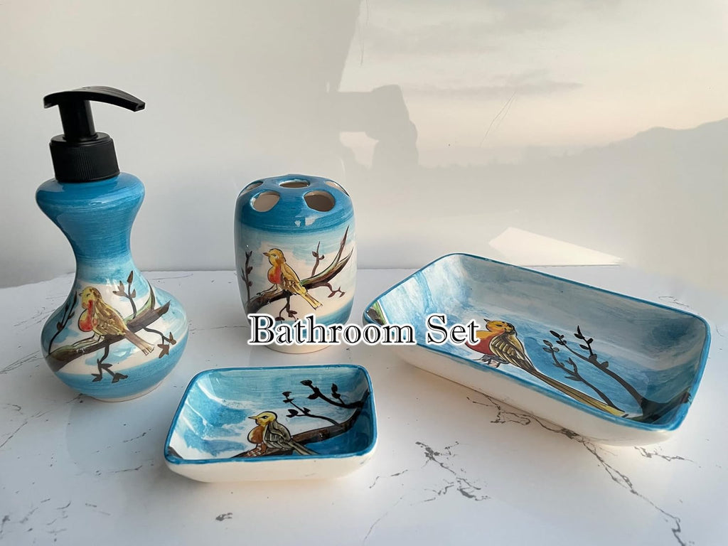 Blue Bathroom Accessory Set 4 Pieces & Birds, Soap Dispenser, Toothbrush Holder, Soap Dish, Lotion Dispenser, Animal Decor, Washing Set Gift (Product ?: Set (4 pcs))