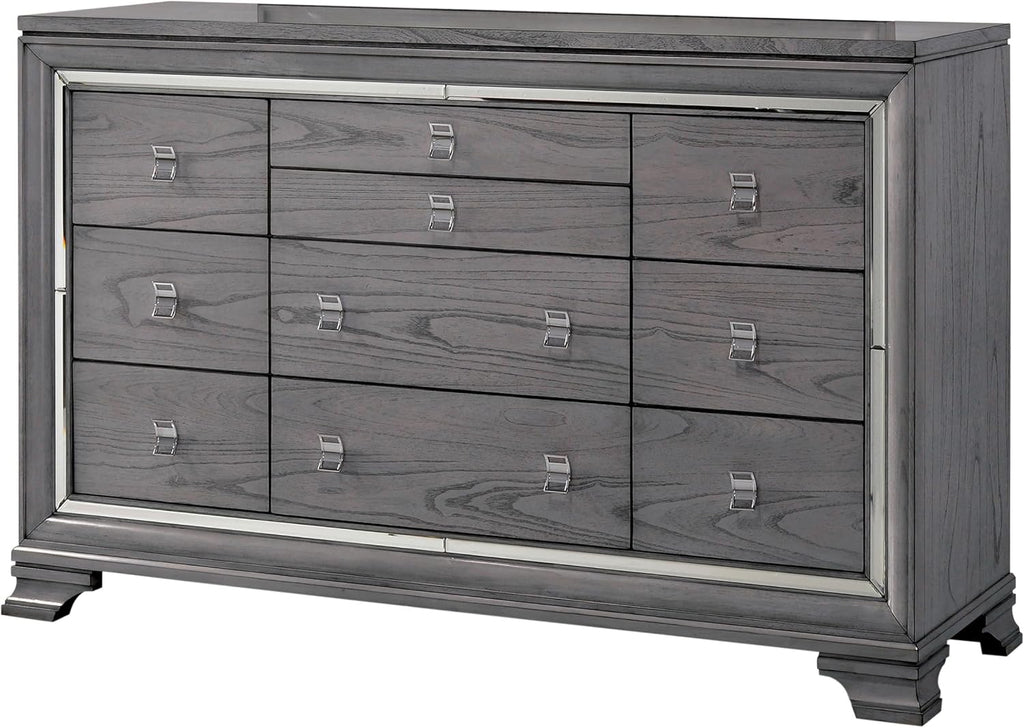 Furniture of America Zenka Wood Frame 2-Piece Bedroom Set, Queen-Size Bed Padded Headboard, 10-Drawer Dresser, Felt-Lined Top Storage, Box Spring Required, Light Gray