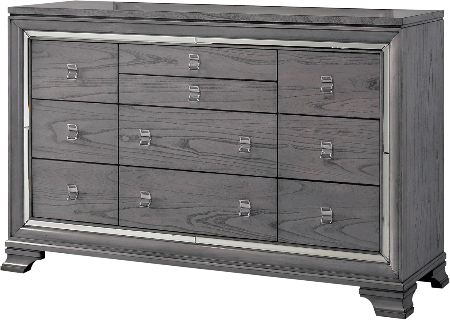 Furniture of America Zenka Wood Frame 2-Piece Bedroom Set, King-Size Bed with Lighted & Padded Headboard, 10-Drawer Dresser, Felt-Lined Top Storage, Box Spring Required, Light Gray