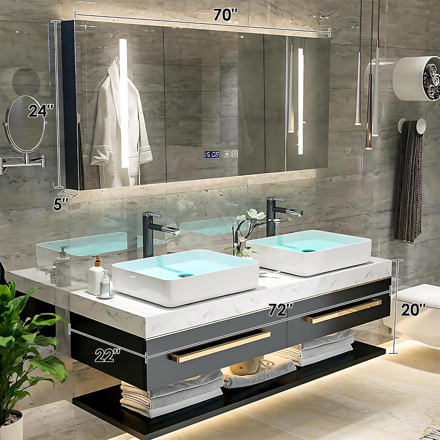 72' Bathroom Cabinet Set,Bathroom Vanity with Sink,Wall Mounted Floating Bathroom Vanities LED Smart Defog Mirror Cabinet, Bathroom Vanity Large Storage Drawer Double Sink,Black