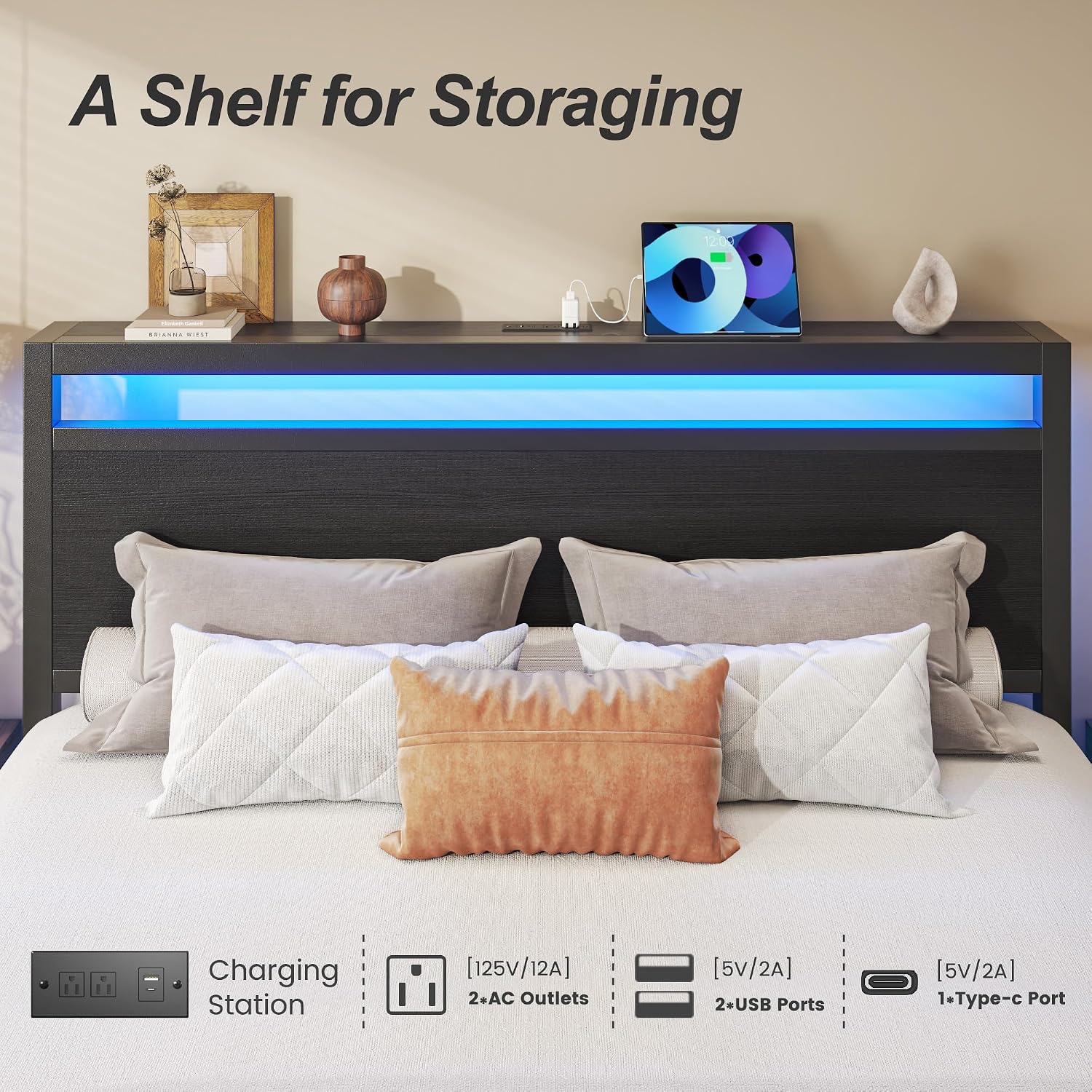 Fluest Queen Bed Frame,Queen Bed Frame with Storage Headboard & 2 Storage Drawer, Charging Station & LED Light, No Box Spring Needed, Noise Free, Easy Assembly, Classic Black