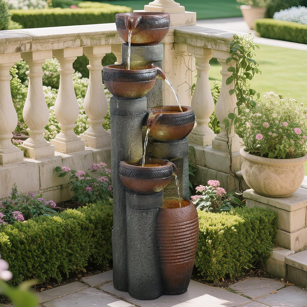 39.7''H 5-Tier Relaxing Outdoor Indoor Garden Water Fountain Decor - for Contemporary Design for Garden, Patio, Deck, Porch, Backyard and Home Art Decor Brown