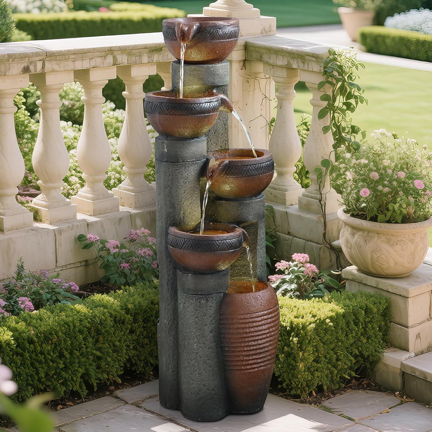 39.7''H 5-Tier Relaxing Outdoor Indoor Garden Water Fountain Decor - for Contemporary Design for Garden, Patio, Deck, Porch, Backyard and Home Art Decor Brown