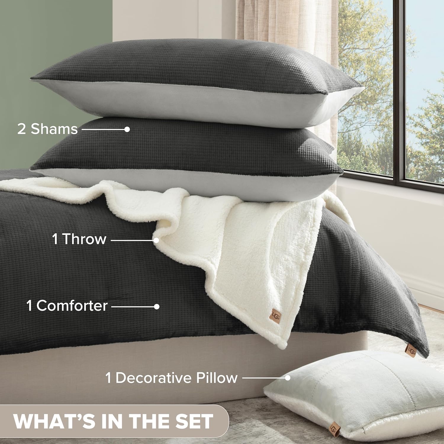 UGG Remina Comforter Set 5 Piece Bed in a Bag with Throw Blanket, Decorative Pillow, Shams, and Reversible Comforter Hypoallergenic Washable Luxury Plush Warm Fluffy Bedding Set, King, Charcoal Grey