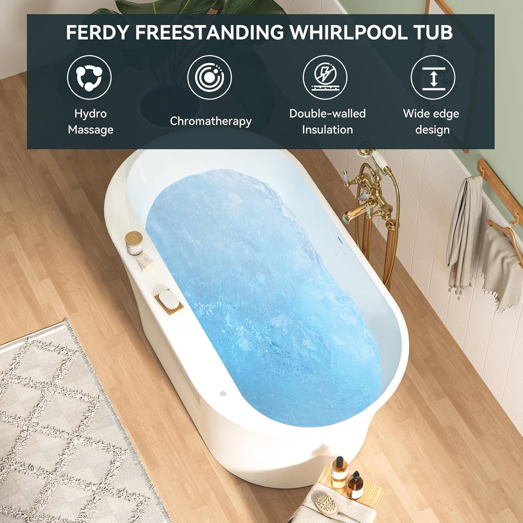 FerdY Mauritius 59 Inch Acrylic Freestanding Whirlpool Bathtub, Oval with 8 Air Water SPA Jets Morden White Stand Alone Jetted Tub, Luxury Acrylic Free Stand Deep Soaking Bath Tub