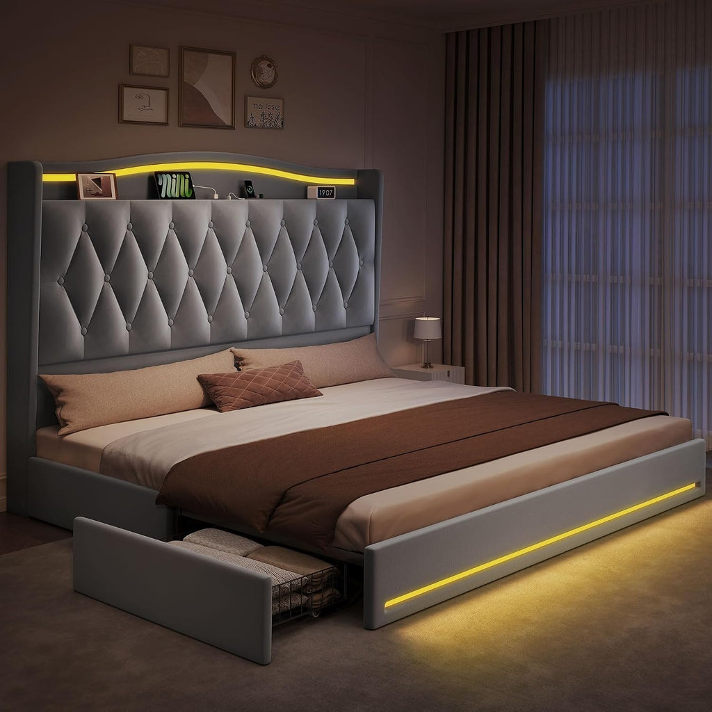 YITAHOME King Size Bed Frame with 4 Storage Drawers and RGB LED Lights, 57'' Tall Headboard Velvet Upholstered Bed with Charging Station, No Box Spring Needed, Easy Assembly, Noise-Free, Grey