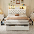 BTHFST Queen Size Bed Frame with 5 Storage Drawers and Headboard, Velvet Upholstered Queen Platform Bed with LED Lights & Charging Station, No Noise, No Box Spring Needed, Easy Assembly, Beige