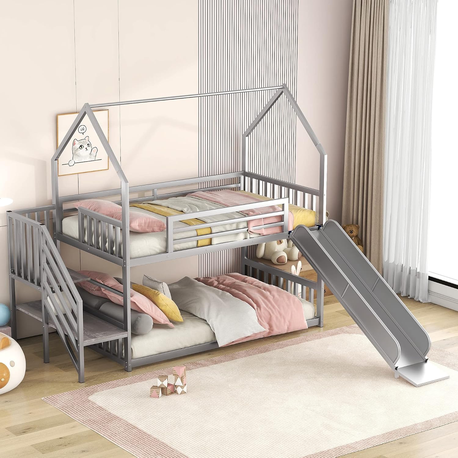 MERITLINE Metal Bunk Bed Twin Over Twin Bunk Bed Frame with Slide and Stairway,Twin Over House Bed with Guardrails