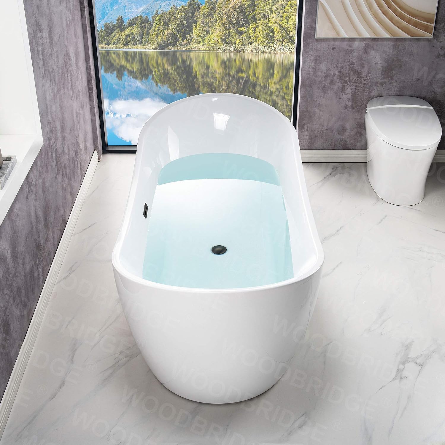 WOODBRIDGE 71'Freestanding White Acylic Soaking Bathtub with Matte Black Drain and Overflow,B0017 MB