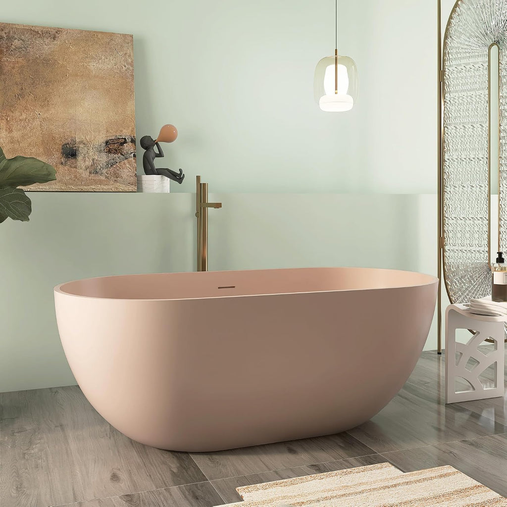 Premium 59' Pink-Sandstone Solid Surface Free Standing Tub, Upgraded Oval Resin Stone Bathtub with Overflow and Pop-up Drain