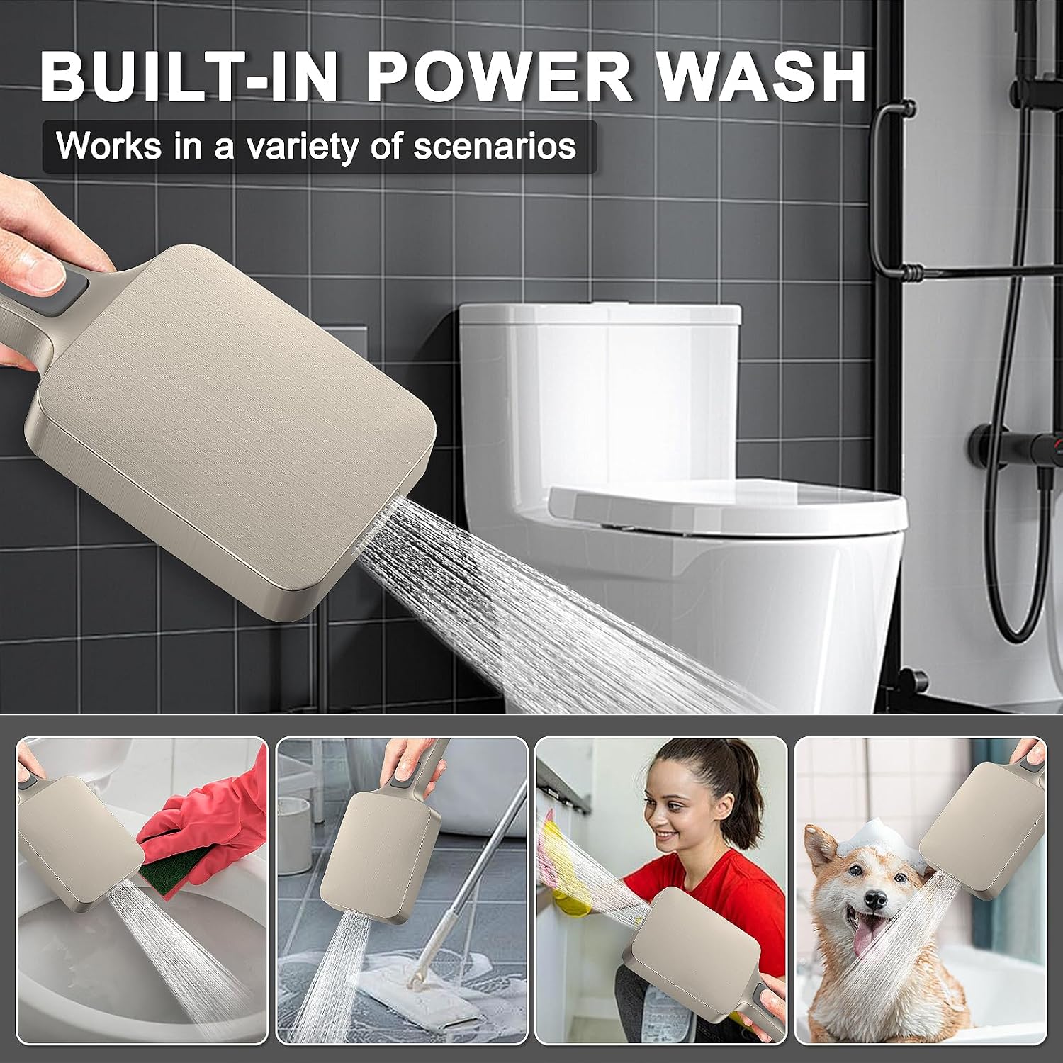 Iriber Thermostatic Shower System with Adjustable Water Flow Push Button Diverter, Square Dual Shower Heads Faucet Set with Handheld Spray, Brushed Nickel Shower Mixer Valve Trim Kit (Valve Included)
