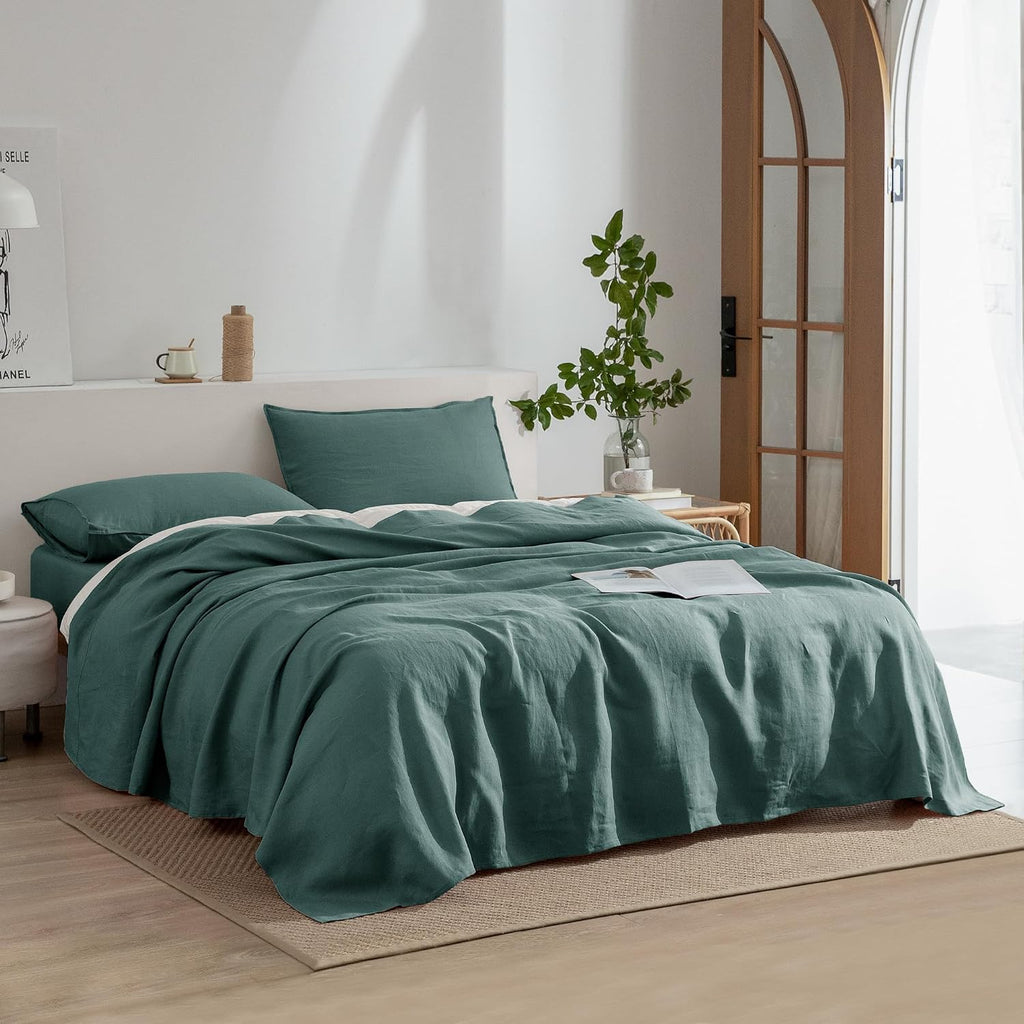 EVERLY Linen Sheets Queen Size,100% Stonewashed Pure French Linen16Inch Deep Pocket Sheets,4Pieces (1Flat Sheet,1Fitted Sheet,2Pillowcase) Natural Flax Soft and Breathable for Hot Sleepers-Aqua