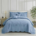 DaisyHuang Botanical Bedspread Full Size - Leaves Pattern Stitching Quilt Set - Elegant & Fresh Style Bedding Coverlets, Reversible, Lightweight, 5 Piece, Ashley Blue