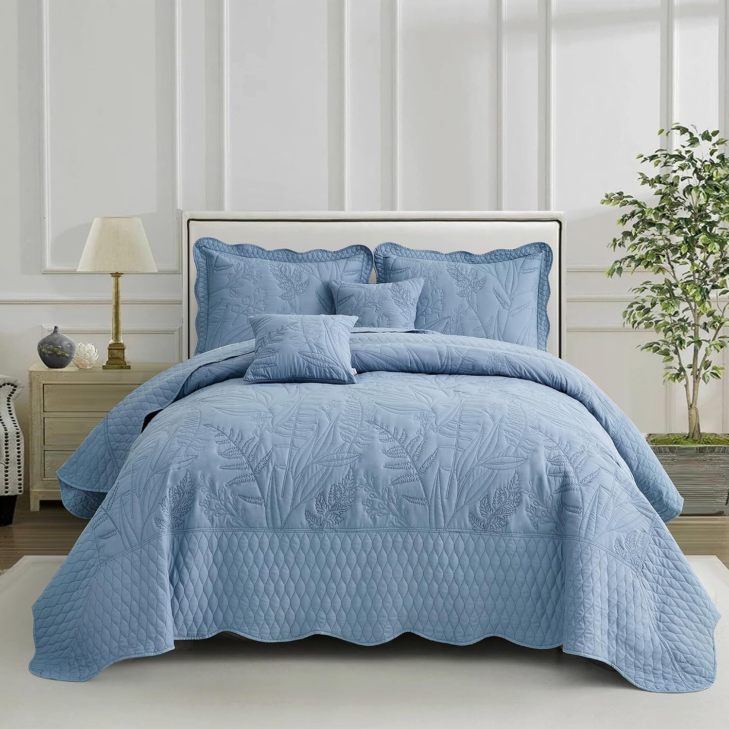 DaisyHuang Botanical Bedspread Full Size - Leaves Pattern Stitching Quilt Set - Elegant & Fresh Style Bedding Coverlets, Reversible, Lightweight, 5 Piece, Ashley Blue