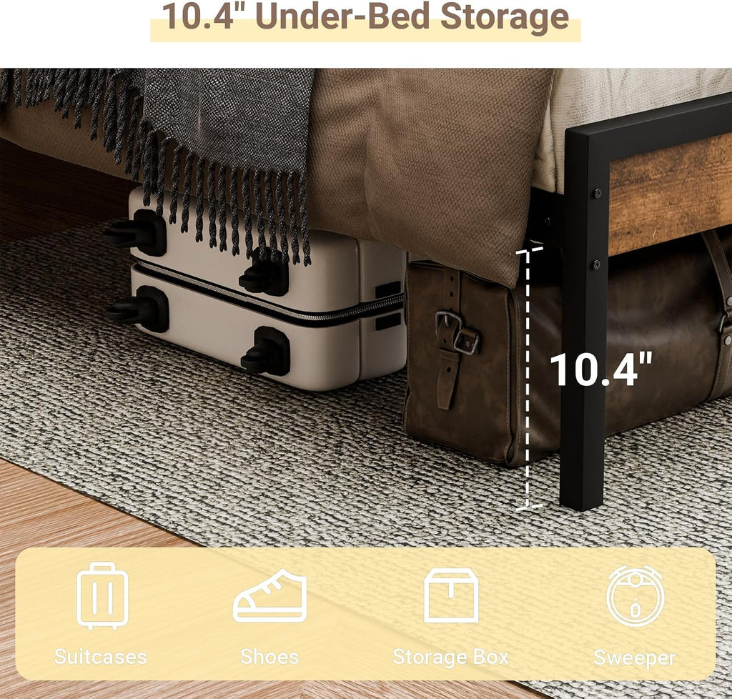 Zevemomo Queen Size Bed Frame with Headboard, Headboard with Charging Station, 2 USB Port & 2 AC Power Outlet, Queen Metal Platfrom Bed Frames No Box Spring Needed, Sturdy & Assembly, Brown