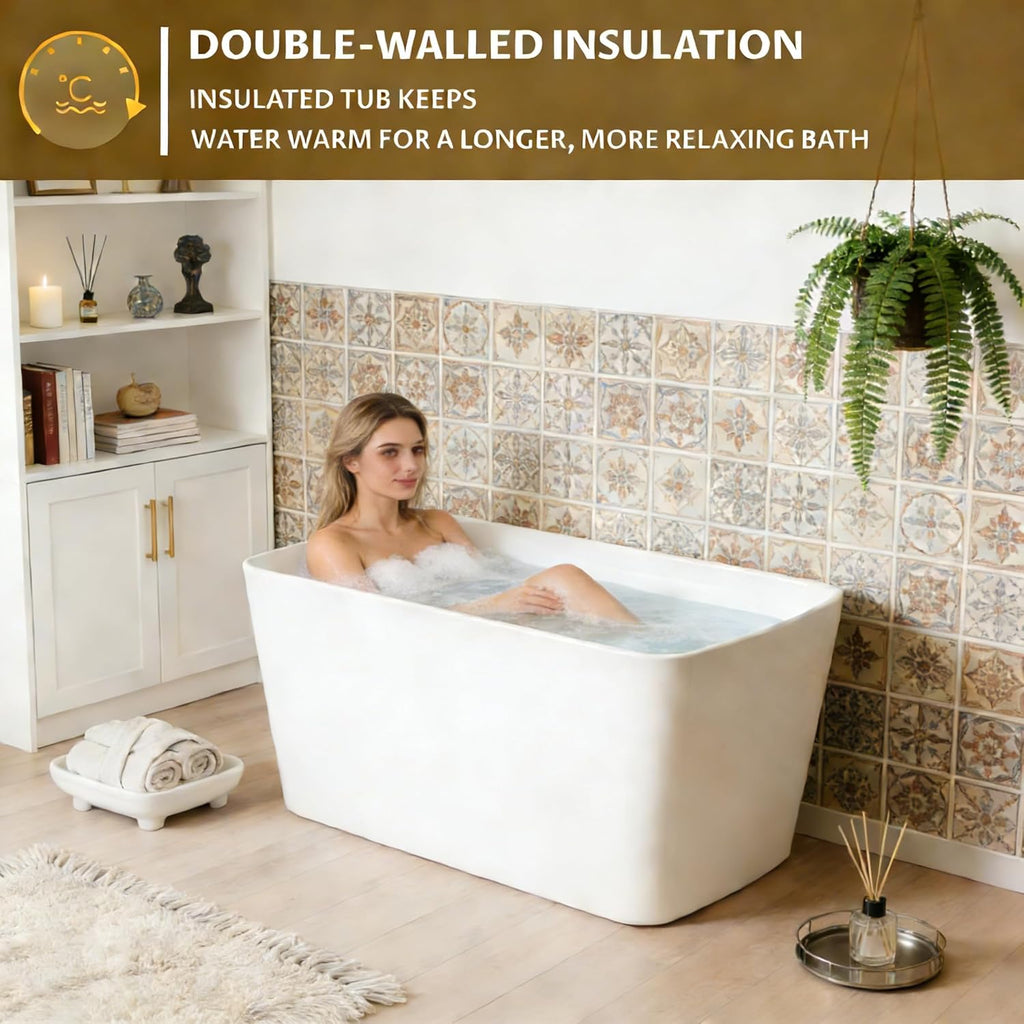 Acrylic Freestanding Bathtub, Soaking Tub with Seat, Toe-Tap Drain, Slotted Overflow, Deep Ergonomic Design, cUPC Certified, Glossy White, 49'