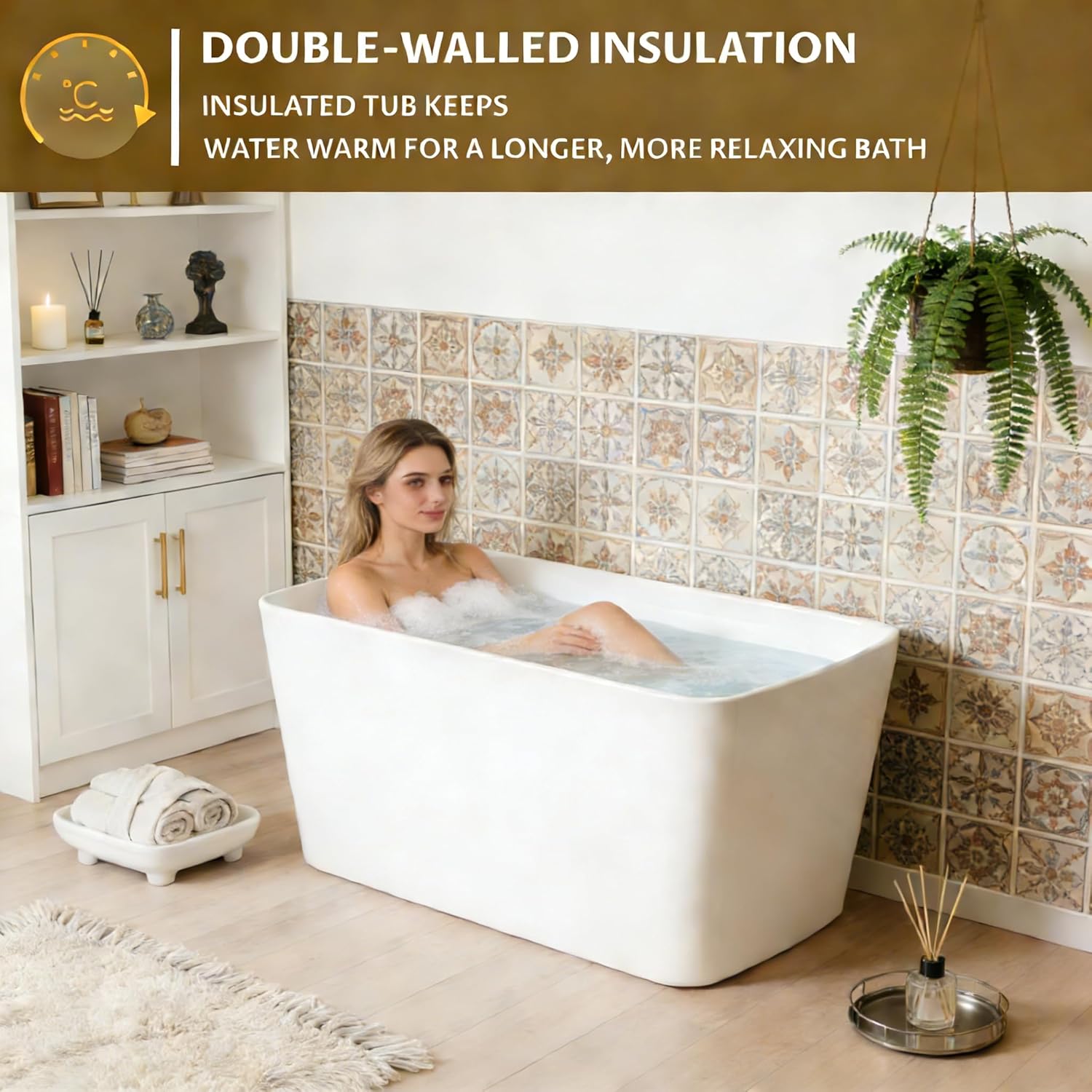 Acrylic Freestanding Bathtub, Soaking Tub with Seat, Toe-Tap Drain, Slotted Overflow, Deep Ergonomic Design, cUPC Certified, Glossy White, 49'
