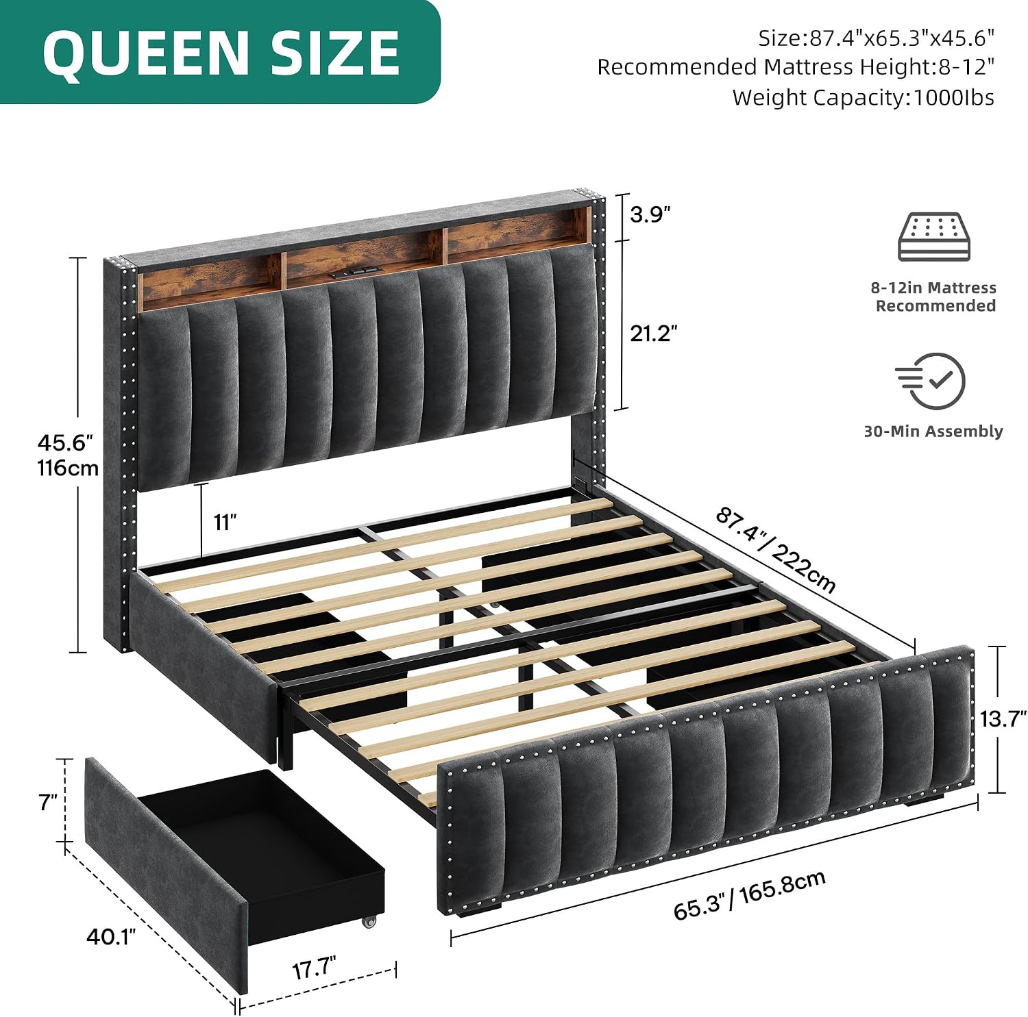 DWVO Queen Size Bed Frame with 4 Storage Drawers and RGB LED Lights, Velvet Upholstered Platform Bed with Charging Station and Bookcase Storage Headboard, No Box Spring Needed, Easy Assembly, Grey