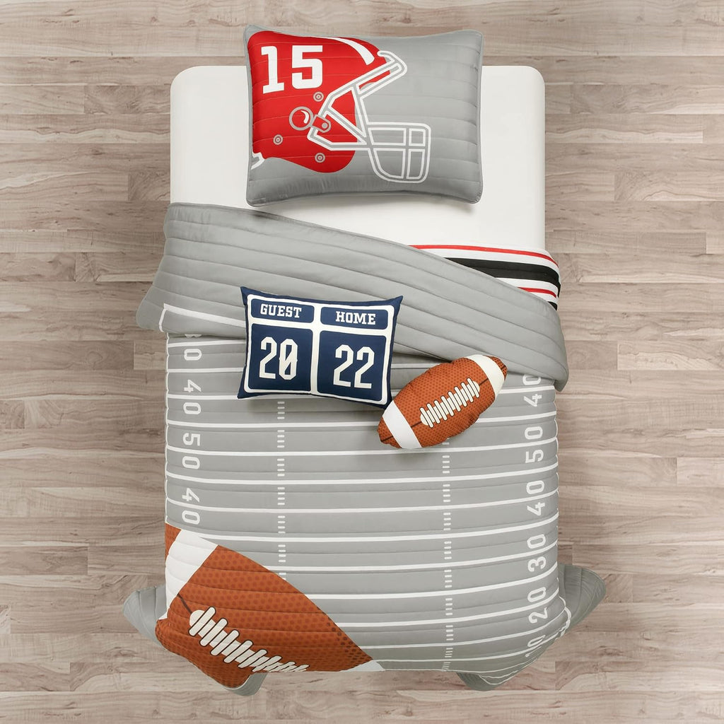 Lush Decor American Football Reversible Quilt Twin Size 4 Piece Set Gray & Black - Toddler Bedding Set Twin Quilt - Kids Bedroom Football Decor