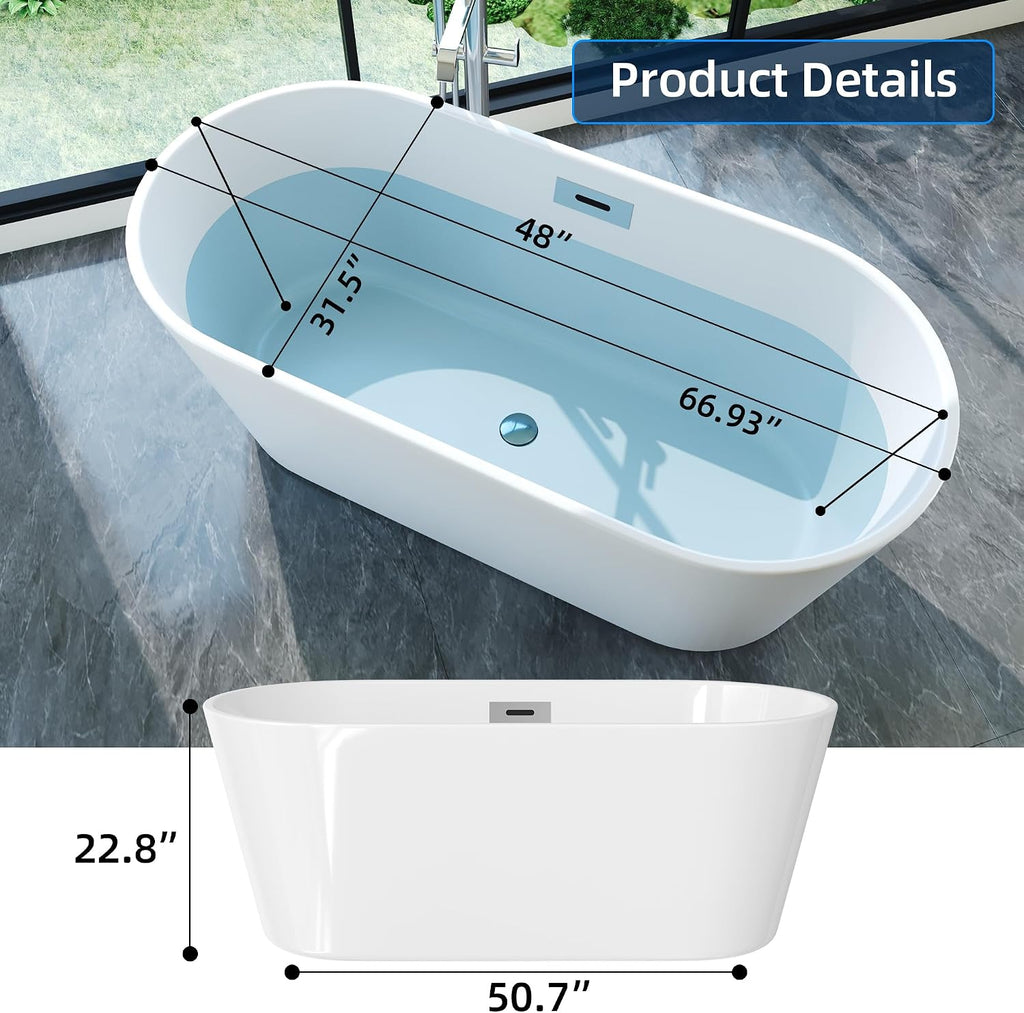 Acrylic Freestanding Bathtub, Deep Soaking Tub with Non-Slip Base, CUPC Certified Free Standing Tub, Chrome Drain Bath Tub, Modern Tub for Bathrooms, White, 59Inch