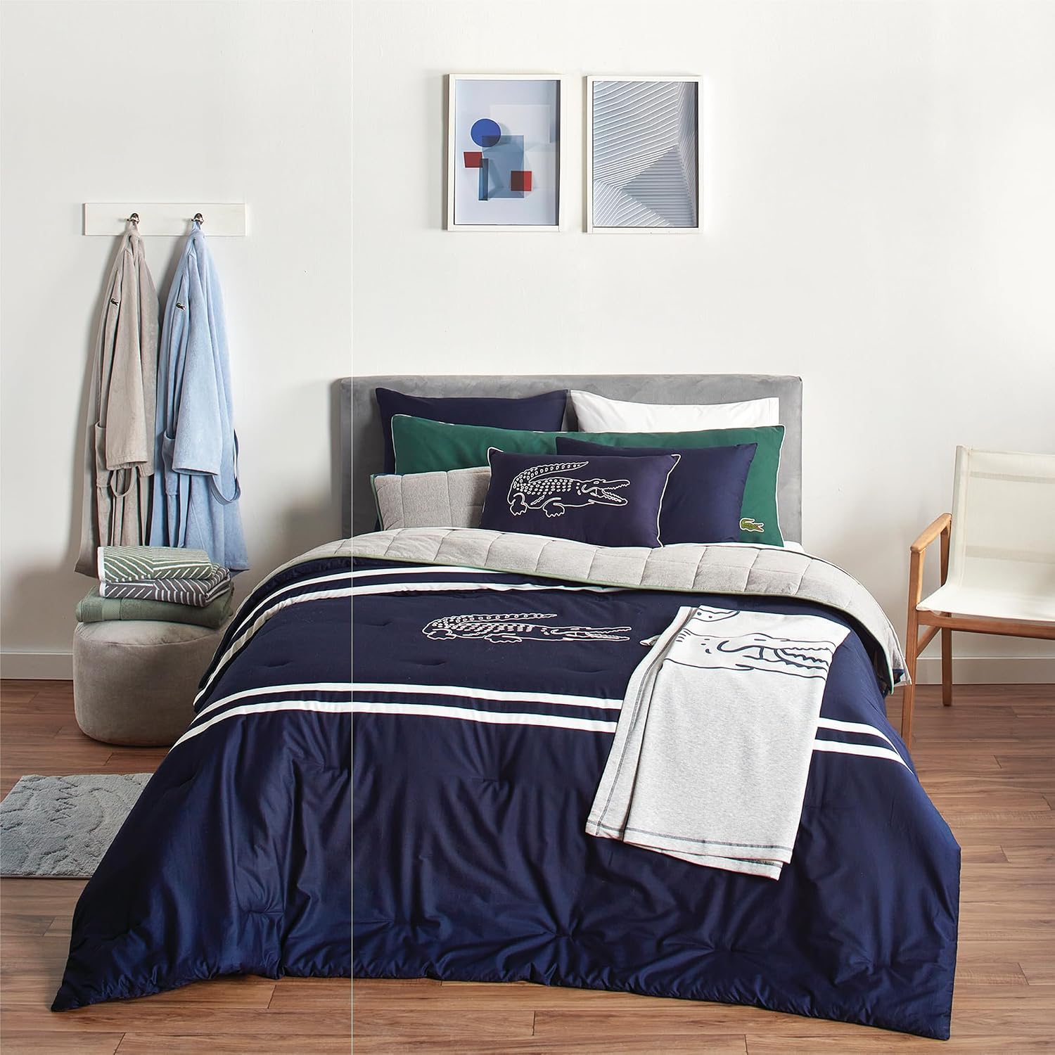 Lacoste Big Croc Comforter Set – 100% Cotton Percale 180-Thread Count, Reversible Duvet & Pillow Shams, Soft Breathable, Iconic Croc Logo, Navy, King