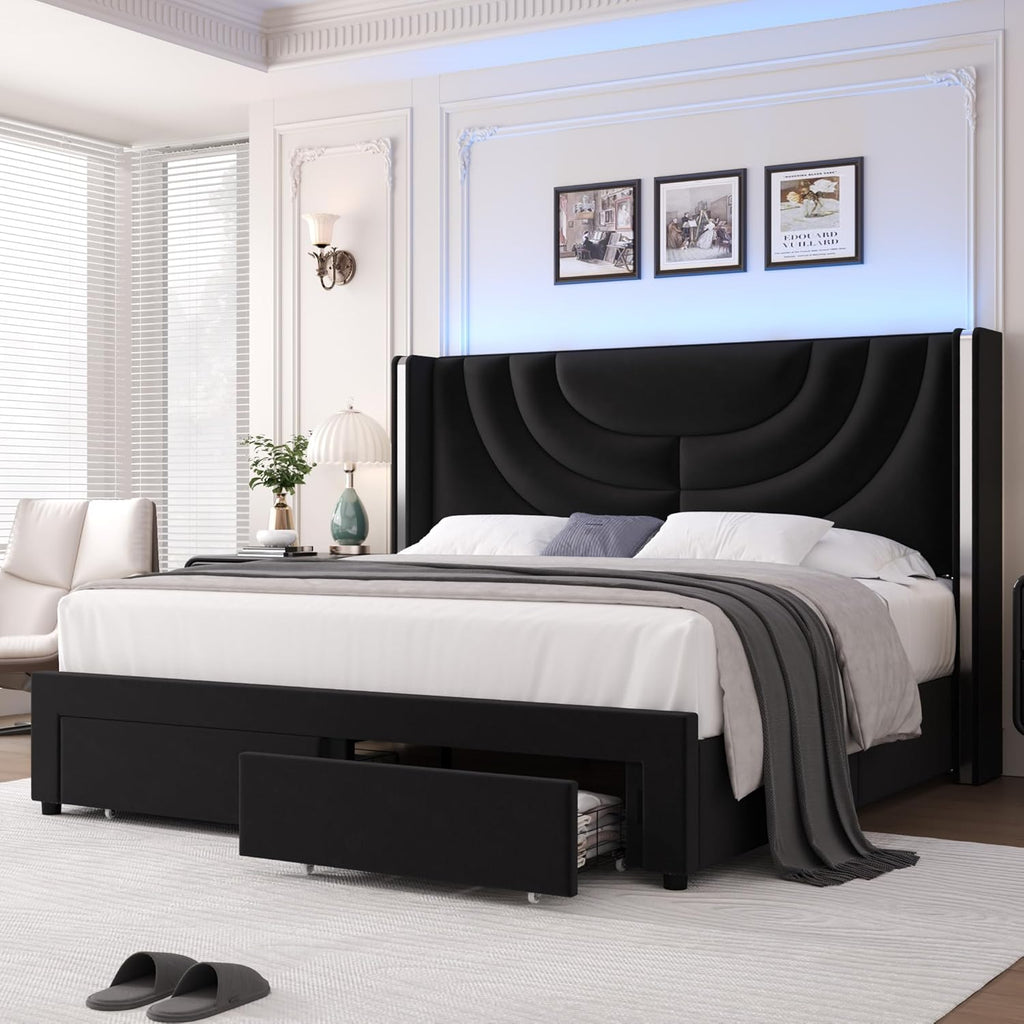HITHOS Full Upholstered LED Bed Frame with 2 Storage Drawers, Velvet Platform Bed with Wingback Headboard, Solid Wooden Slats Support, No Box Spring Needed, Headboard Splicing Design, Black