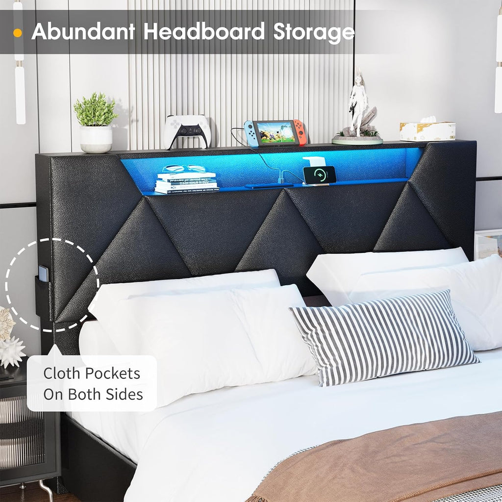 Vabches Full Bed Frame with Storage Headboard and 4 Drawers,Upholstered Platform with Charging Station and Led Lights,Adjustable Headboard with Pu Leather,No Box Spring Needed,Black