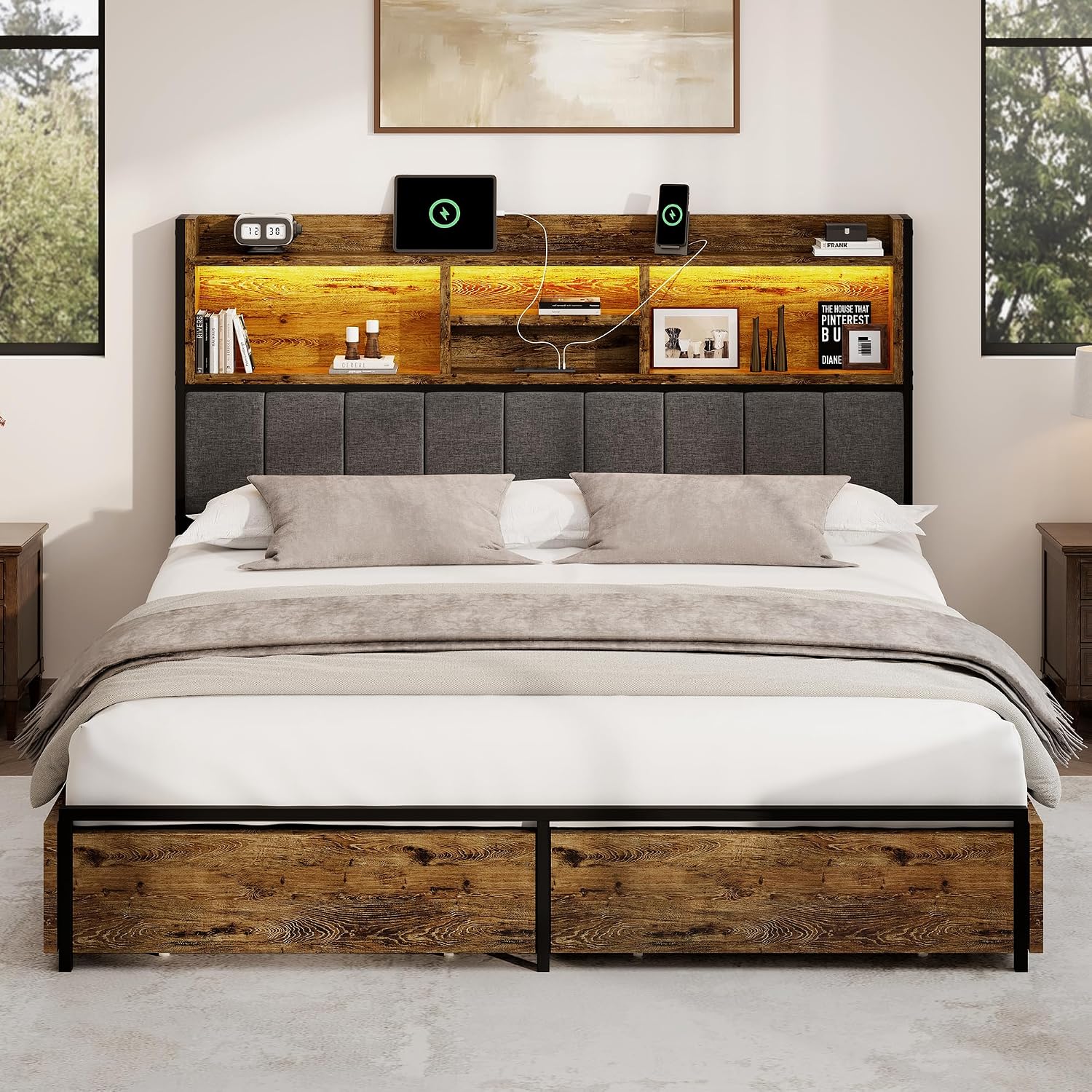 BRELTAM Queen Bed Frame with 6 Storage Drawers, Linen Upholstered Headboard, Built-in USB Charging Station & LED Lighting, Silent Metal Support, No Box Spring Needed, Vintage Brown
