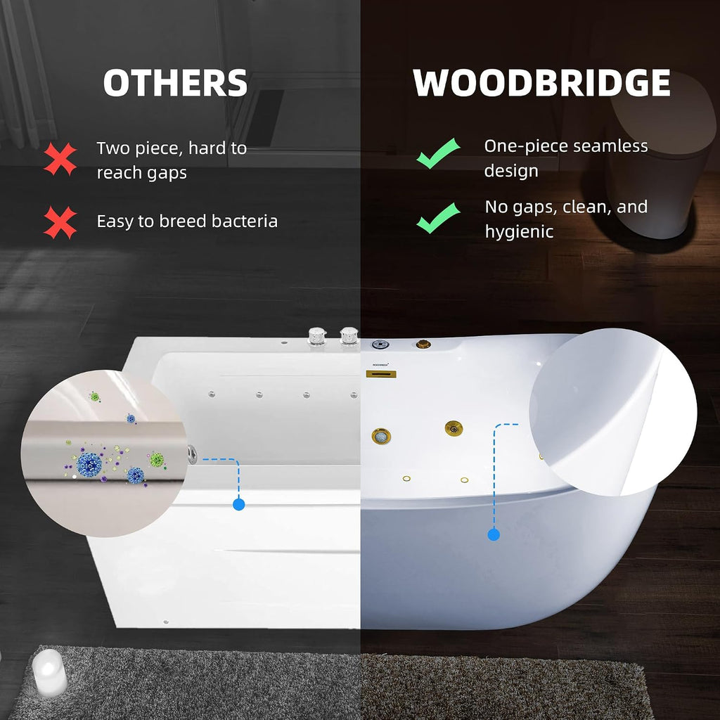 WOODBRIDGE 72' x 35-3/8' Whirlpool and Air Bath Heated Soaking Combination Tub with Adjustable Speed Air Blower and Display Control Panel, Brushed Gold Finish Trim and Drain Kit, BG400