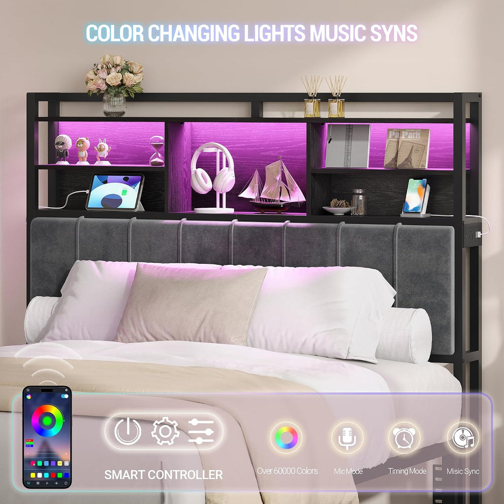 Hzuaneri Headboard with 3-Tier Storage Shelves, Velvet Upholstered Head Board with 2 Outlets, USB Ports & LED Light, Soft Backrest for Queen Size Bed, Black BH15204B