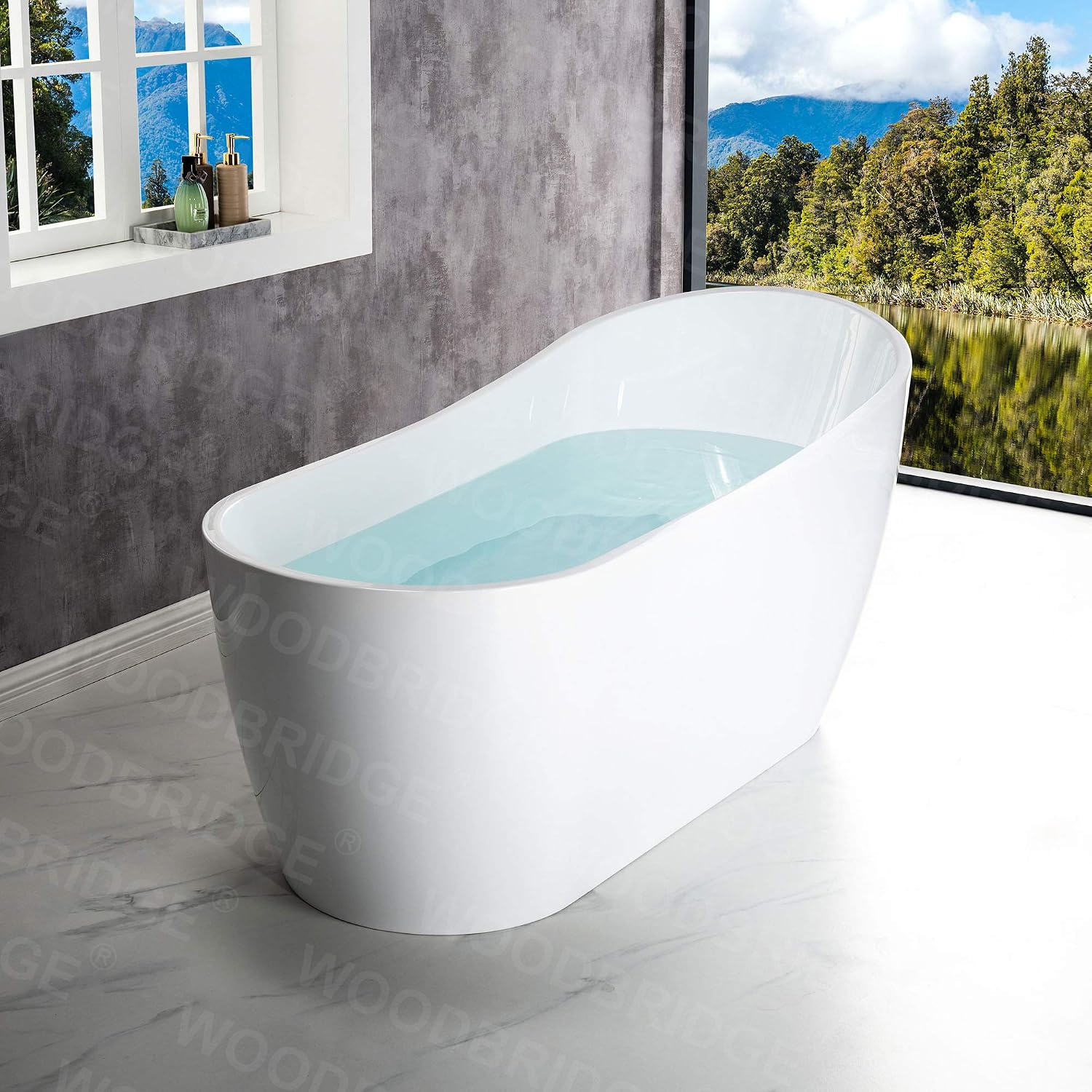 WOODBRIDGE 67' Acrylic Freestanding Bathtub Contemporary Soaking Tub with Brushed Gold Overflow & Drain,White,BTA-1508/B-0001-BG