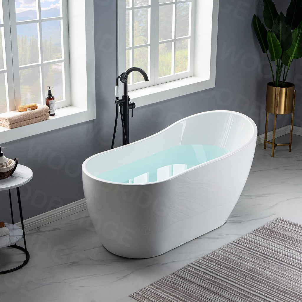 WOODBRIDGE 59' Acrylic Freestanding Bathtub Contemporary Soaking Tub with Matte Black Drain and Overflow,B1530-MB -Drain &O