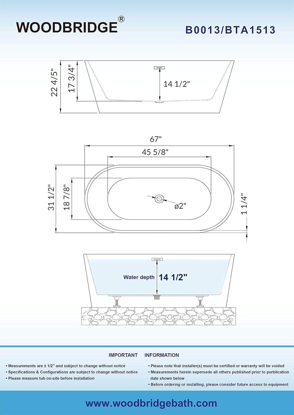WOODBRIDGE 67' Acrylic Freestanding Bathtub Contemporary Soaking White Tub with Chrome Overflow and Drain，B0013-CH