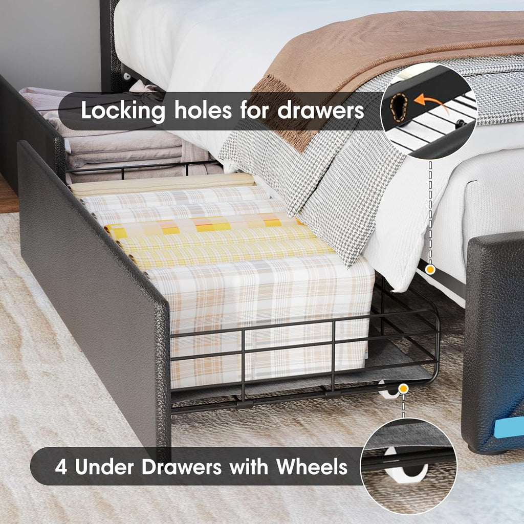 Vabches Queen Bed Frame with Storage Headboard and 4 Drawers,Upholstered Platform with Charging Station and Led Lights,Adjustable Headboard with Pu Leather,No Box Spring Needed,Black