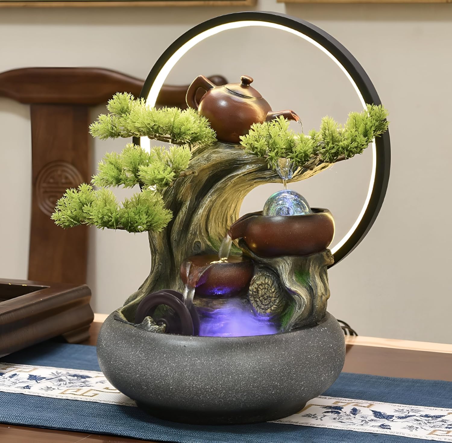 15.75 Inch-Tabletop Ceramic Fountain&5 Tiers of Flowing Water&Zen+Free 10 Crystals-Suitable for Indoor Meditation&Landscape&Good Luck-Fogging&LED Color Lights&Tea Pot