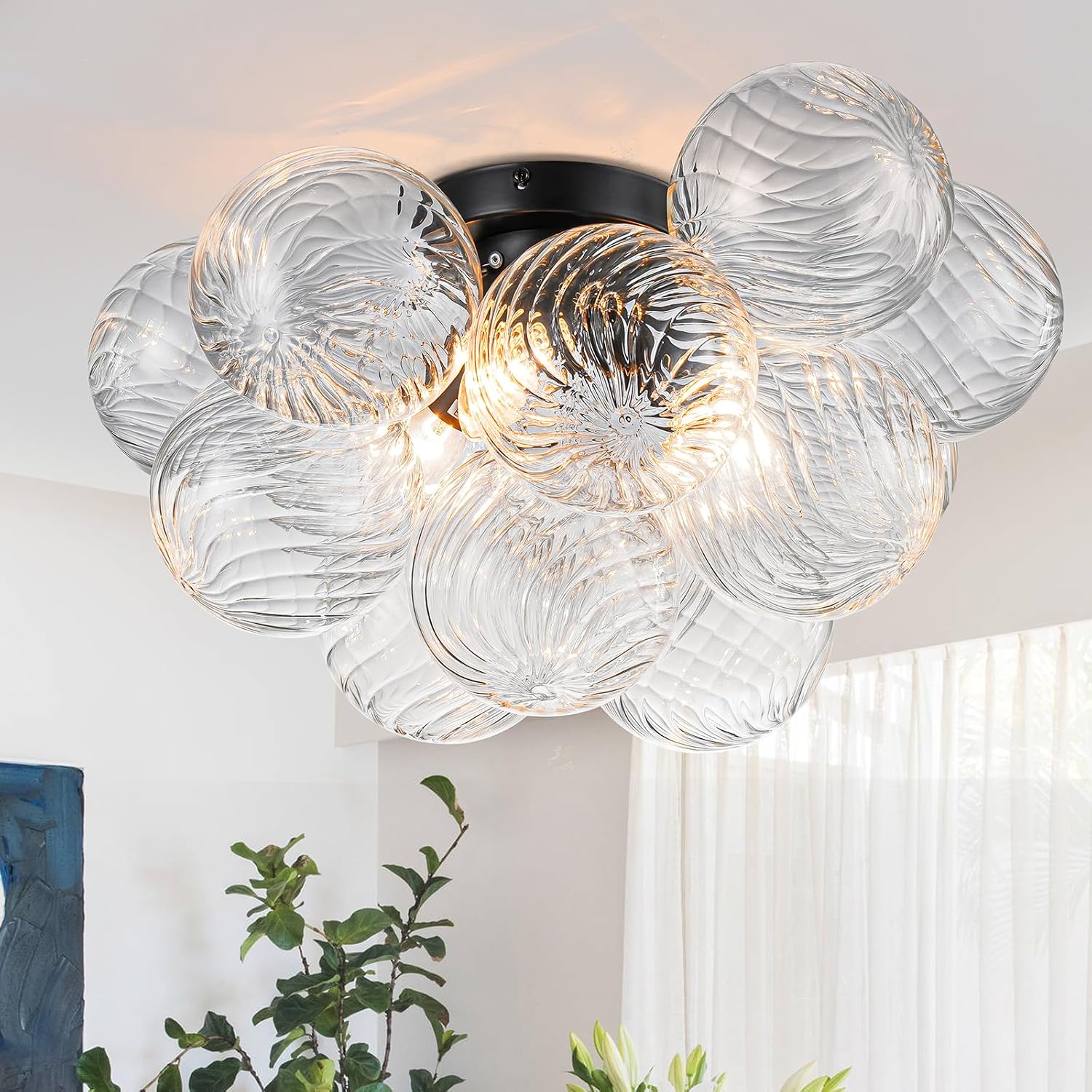 Semi Flush Mount Ceiling Light,Black Chandeliers for Living Room Modern Clear Swirled Glass Chandelier Dining Room Light Fixtures over Table 18.5' with 13 Globe for Foyer Bedroom Kitchen Island