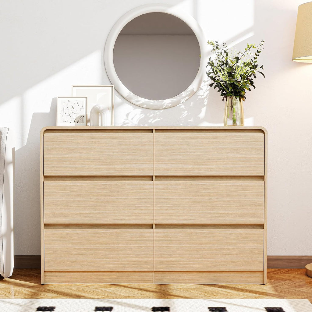 Vibe & Dine 6 Drawer Dresser, Modern Wooden Dressers & Chests of Drawers with Arc Edge Design, 47' Wide Dresser for Closet, Entryway, Bedroom, Natural Wood