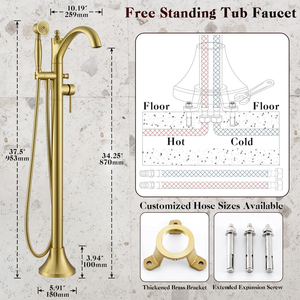Free Standing Tub Faucet, High Flow Rate Brushed Light Gold Classic Freestanding Tub Faucets with Hand Shower Brass Floor Mount Tub Filler （WT-9002BGZZ）