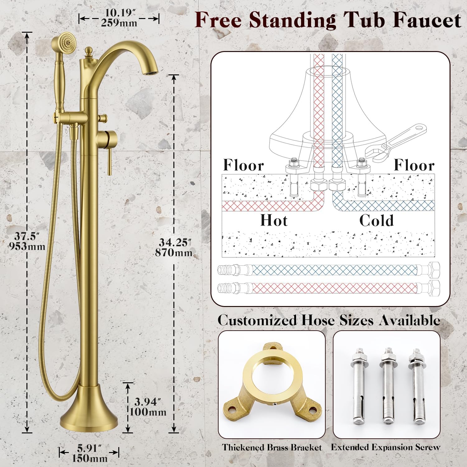 Free Standing Tub Faucet, High Flow Rate Brushed Light Gold Classic Freestanding Tub Faucets with Hand Shower Brass Floor Mount Tub Filler （WT-9002BGZZ）