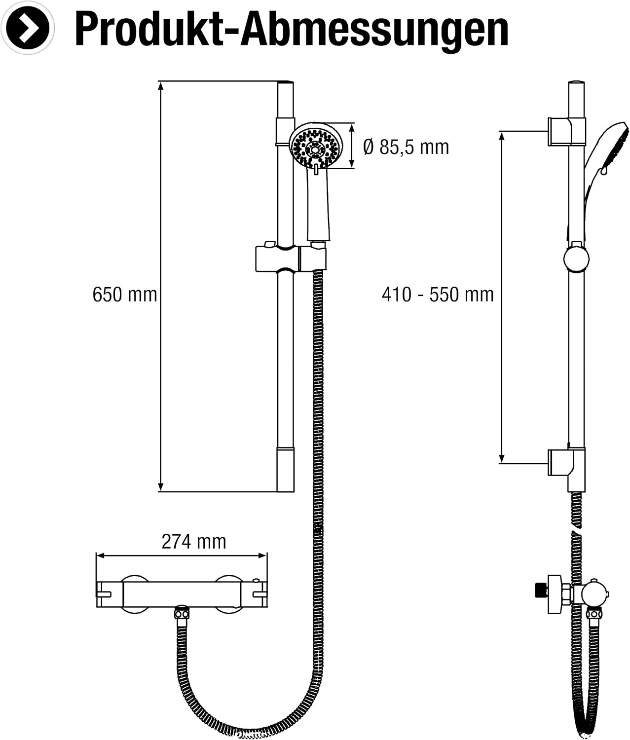 Cornat Fit Shower Complete Set Chrome-Plated with Thermostat Fitting/Hand Shower with 3 Jet Types Normal/Soft/Massage Jet/Anti-Limescale/Variable Borehole Distance/Shower System, TECBW3423